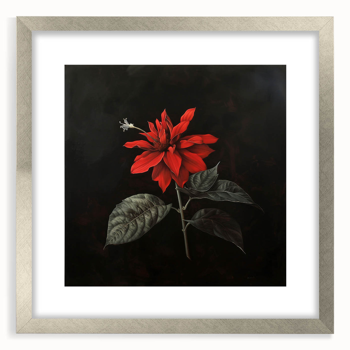 Elegant botanical wall art featuring a poinsettia design in a silver frame with matting, showcasing vibrant colors and intricate details, perfect for home decor.