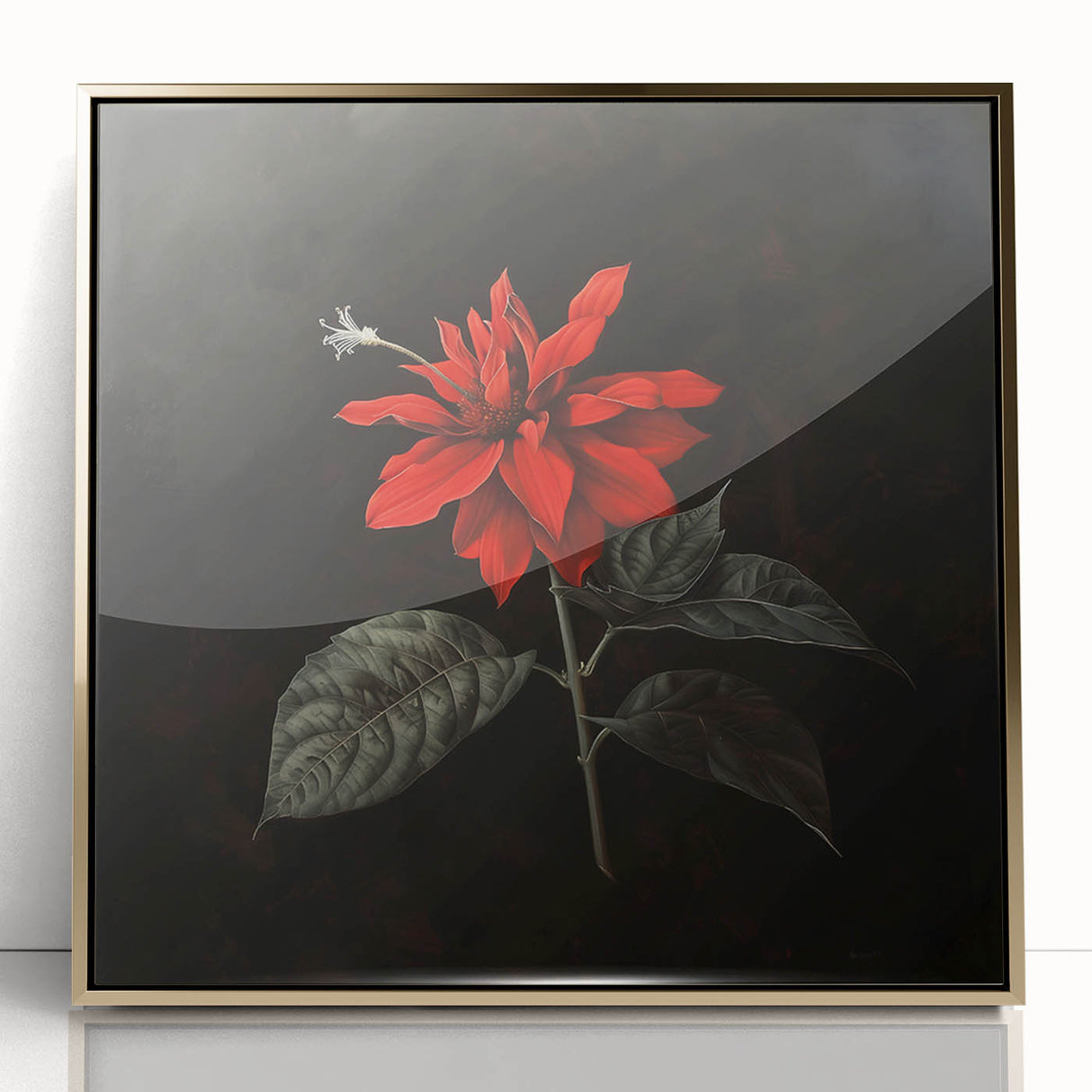 Framed acrylic wall art featuring a botanical poinsettia design with vibrant red and green colors, showcasing intricate floral details in a gold frame, ideal for home decor.