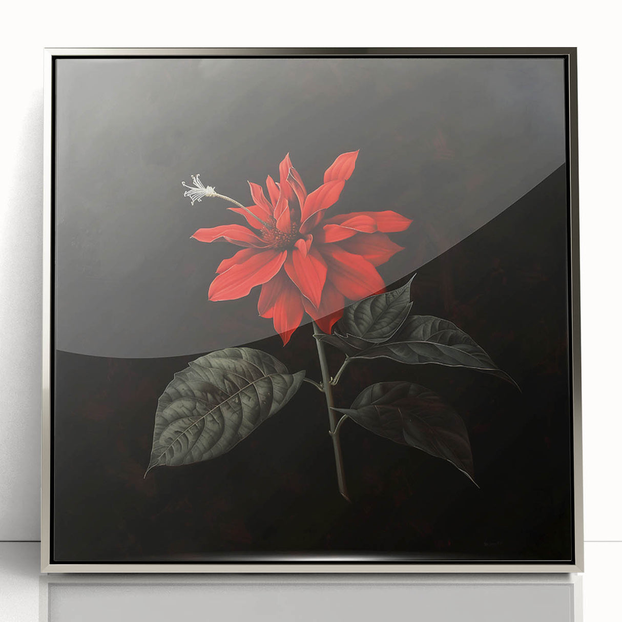 Framed botanical wall art featuring a vibrant poinsettia design with a silver frame, ideal for home decor, showcasing intricate floral details and colors.