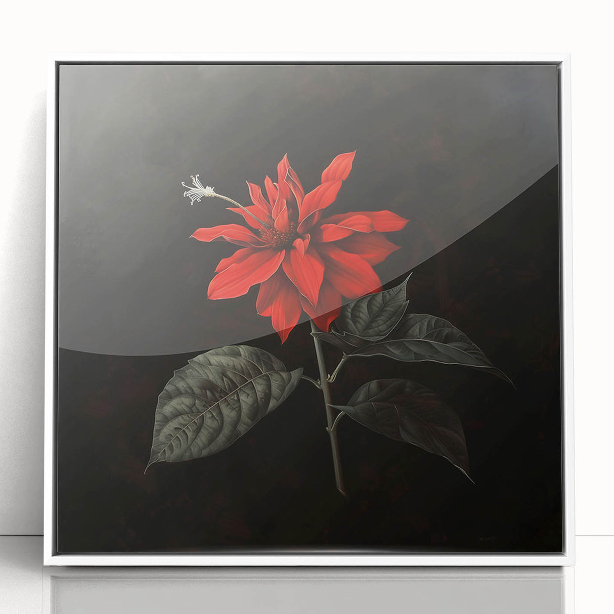 Framed botanical wall art featuring a vibrant poinsettia design, set in a sleek white frame with acrylic glass, ideal for home decor and seasonal decoration.