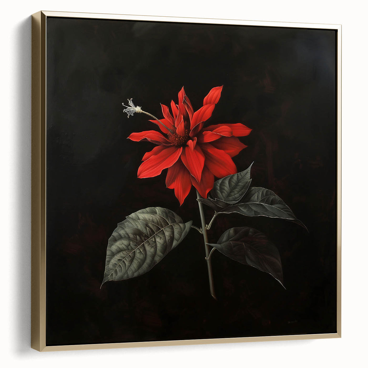 Framed botanical wall art featuring a vibrant poinsettia design in shades of red and green, elegantly displayed against a silver and gold backdrop, perfect for holiday decor.