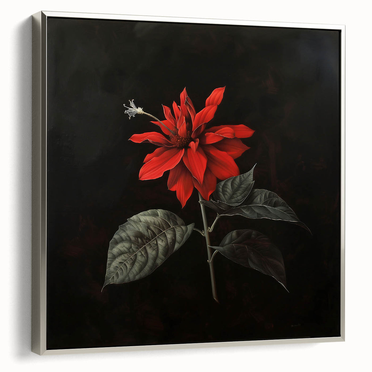 Framed wall art featuring a botanical poinsettia design, elegantly displayed with a silver frame, showcasing vibrant red and green colors against a neutral background. Perfect for adding a touch of nature-inspired decor to any room.