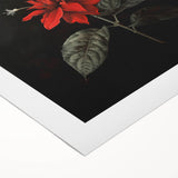 Botanical wall art featuring a vibrant poinsettia design on rolled canvas, showcasing detailed floral illustrations in rich colors, perfect for festive decor.