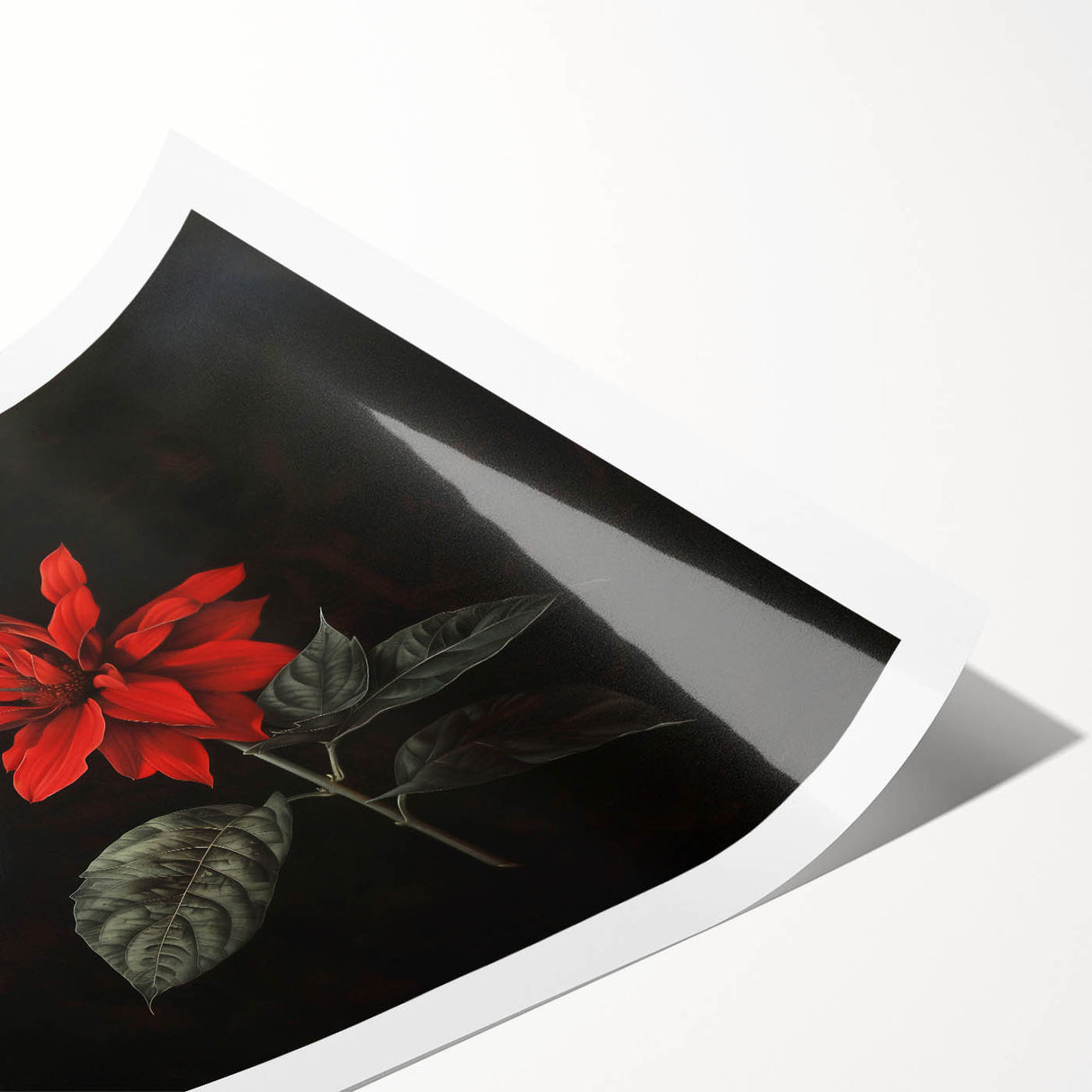 Botanical wall art print showcasing a vibrant poinsettia design with intricate details and rich colors, rolled for easy display and shipping.