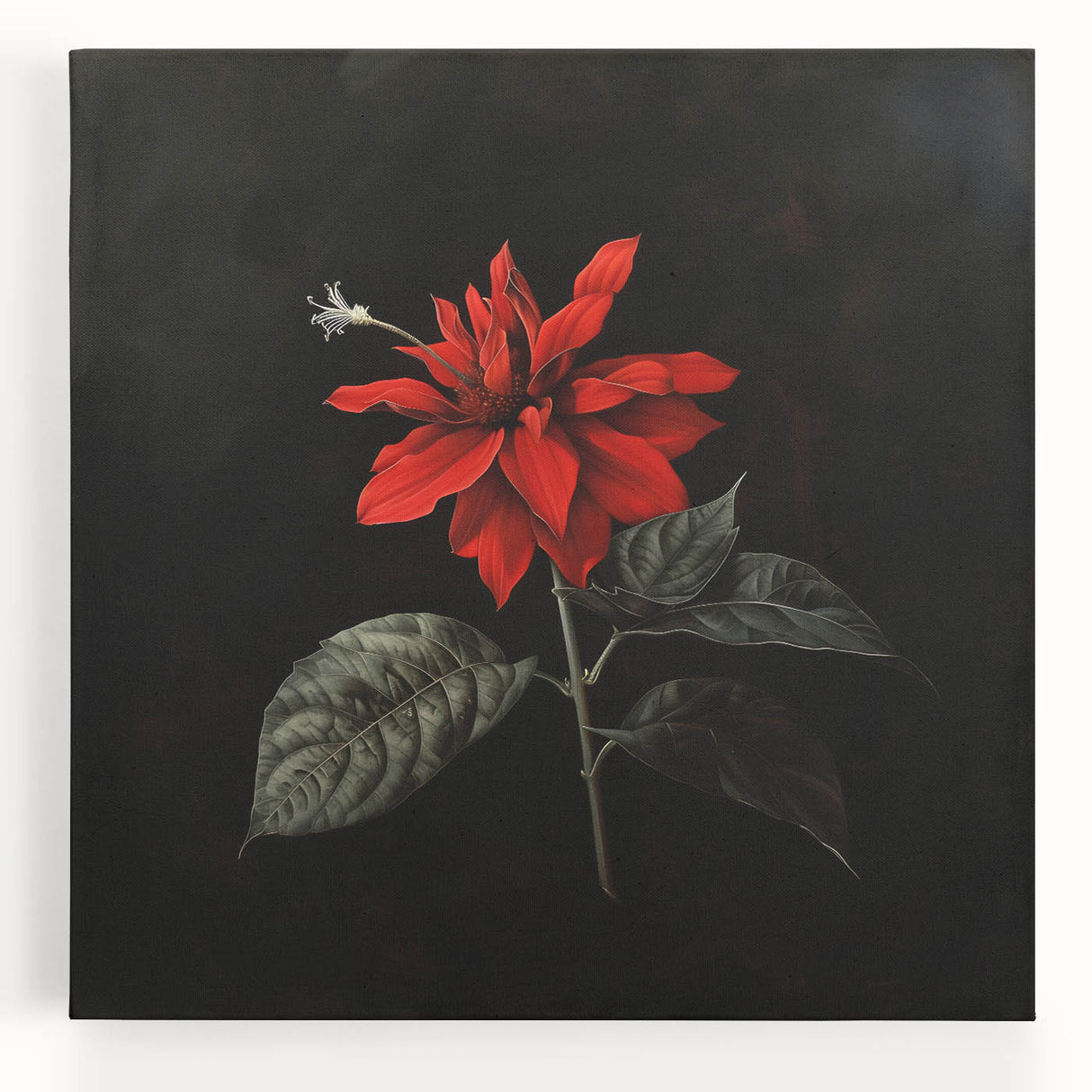 Vibrant botanical wall art featuring a detailed poinsettia design on stretched canvas, showcasing rich red and green colors, perfect for festive home decor.