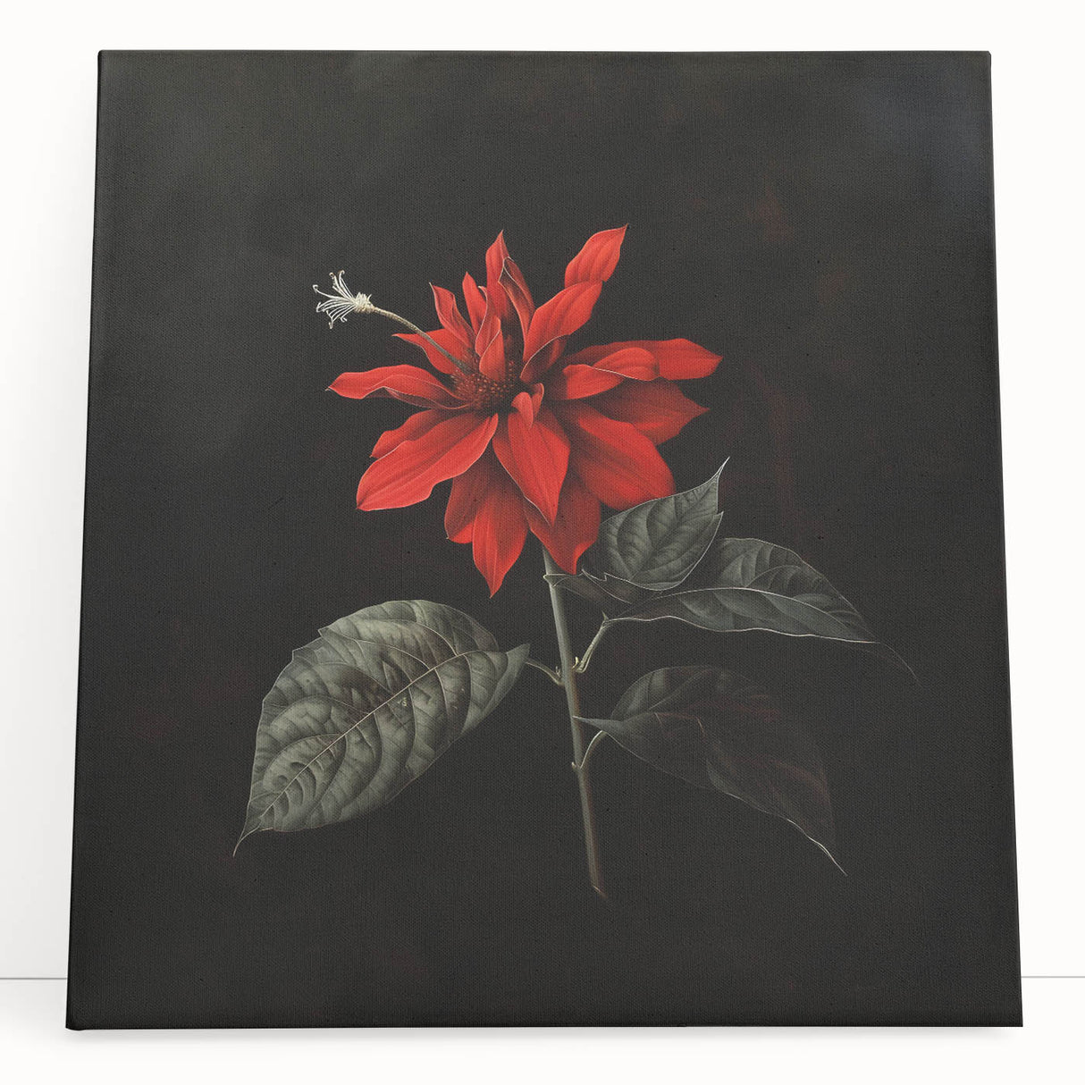 Vibrant botanical poinsettia wall art design on stretched canvas, showcasing rich red and green colors, perfect for holiday decor or home accents.
