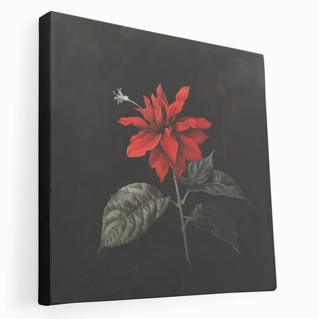 Stretched canvas wall art showcasing a vibrant botanical poinsettia design in rich reds and greens, highlighting intricate floral details and a modern aesthetic. Perfect for adding a festive touch to home decor.