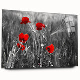 Vibrant botanical wall art featuring a detailed poppy design under acrylic glass, showcasing a side view that highlights its elegant framing and colors for home decor.