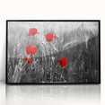 Framed wall art featuring a botanical poppy design with vibrant colors and intricate details, displayed in a sleek black frame, perfect for home decor.