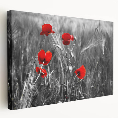Stretched canvas wall art showcasing a vibrant botanical poppy design in rich reds and greens, highlighting intricate floral details and a contemporary aesthetic.