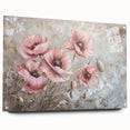 Acrylic glass wall art display featuring a vibrant botanical poppy design, elegantly pinned to the wall, showcasing bright colors and intricate details for a modern home décor accent.