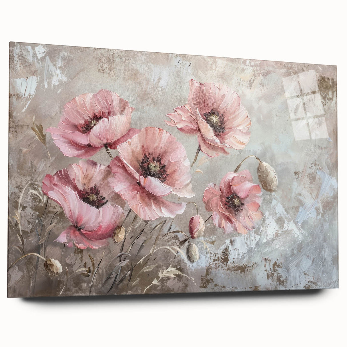 Acrylic glass wall art showcasing a vibrant botanical poppy design in a modern frame, highlighting colorful floral details and sleek edges for a contemporary decor accent. Ideal for enhancing living spaces with a touch of nature-inspired elegance.