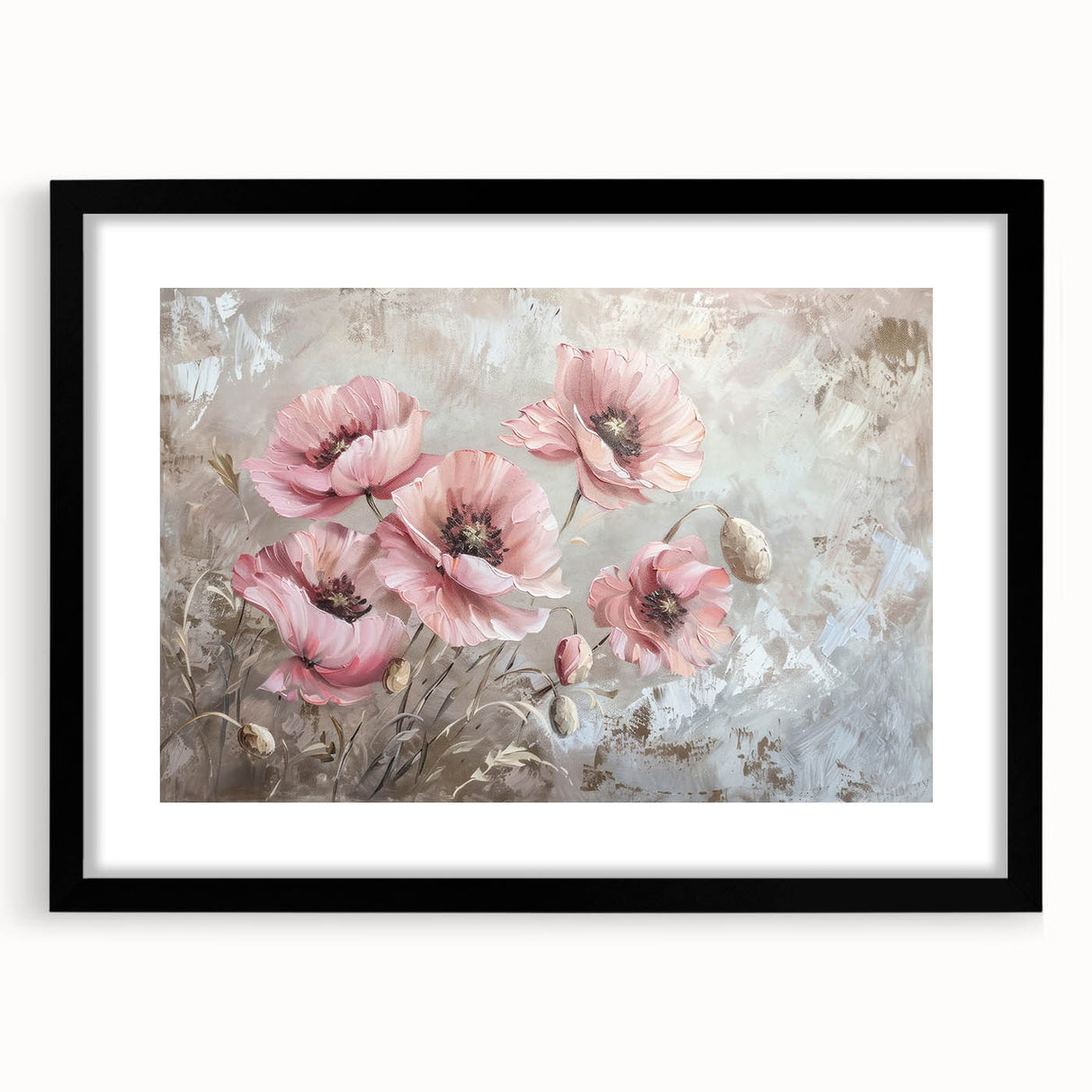 Black framed wall art featuring a vibrant botanical poppy design, showcasing detailed floral illustrations on a white background, perfect for home decor.