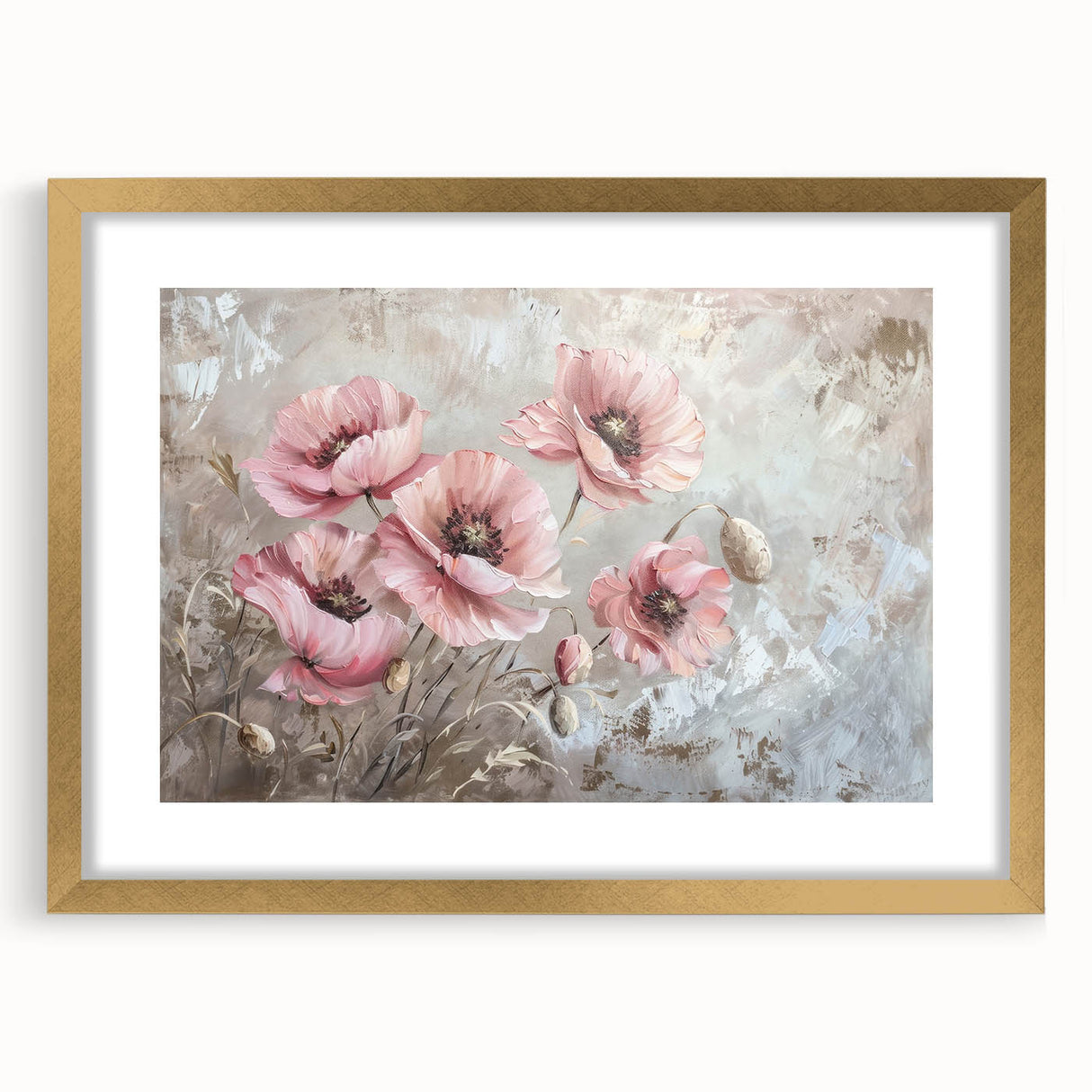 Elegant botanical wall art featuring a poppy design in a gold frame with a mat, perfect for home decor. Ideal for floral enthusiasts, this piece adds a touch of sophistication to any space.
