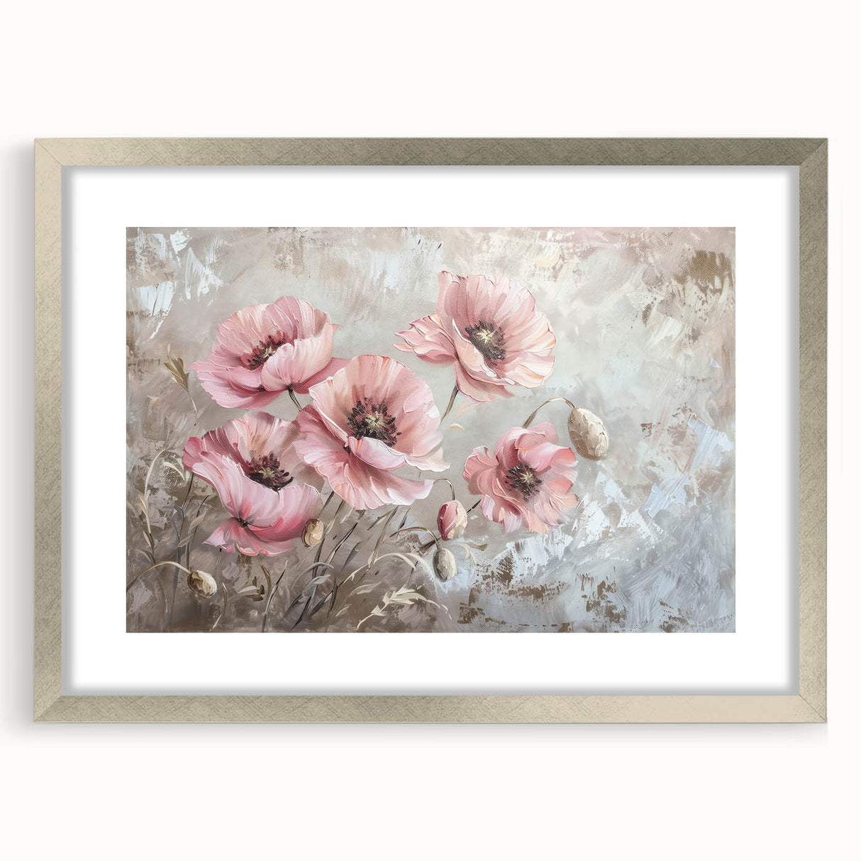 Botanical wall art featuring a poppy design in a sleek silver frame with matting, showcasing vibrant colors and intricate details, perfect for home decor.
