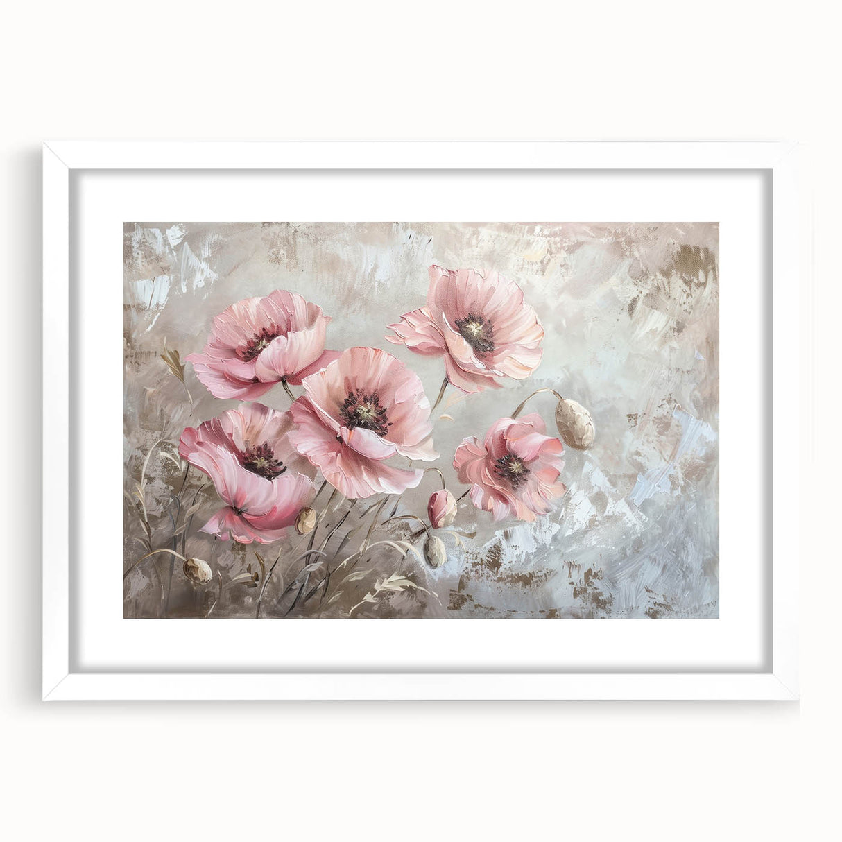 Framed botanical poppy wall art design showcasing vibrant red and green hues, elegantly displayed in a white mat for a modern home decor aesthetic.