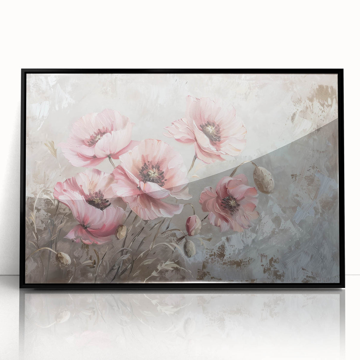 Framed botanical wall art print showcasing vibrant red poppies against a sleek black background, adding a touch of elegance to home decor. Perfect for floral enthusiasts.