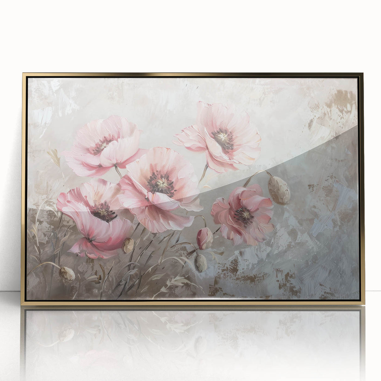 Framed wall art featuring a botanical poppy design, showcasing vibrant colors and intricate details, set in an elegant gold frame, perfect for home decor.