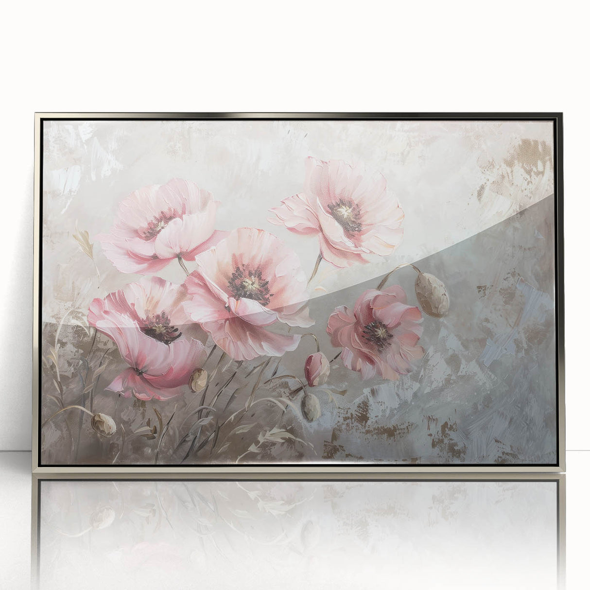 Framed wall art featuring a vibrant botanical poppy design in a silver acrylic frame, showcasing vivid colors and intricate floral details, perfect for home decor.