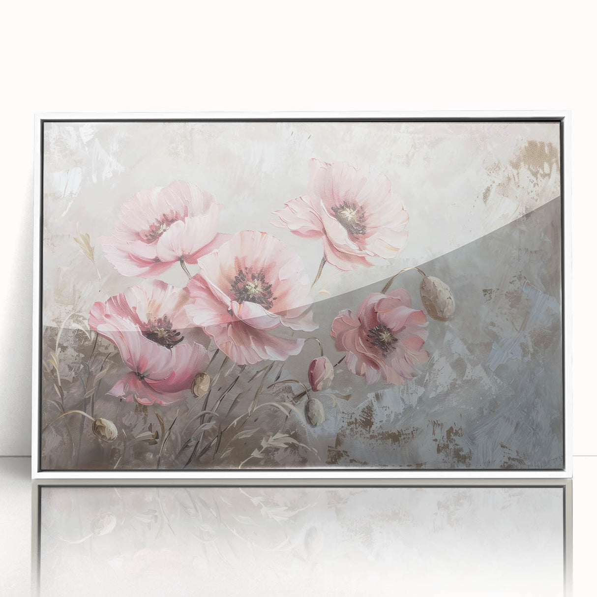 Framed wall art showcasing a botanical poppy design with vibrant colors, set against a white background, ideal for enhancing home decor and adding a touch of nature.