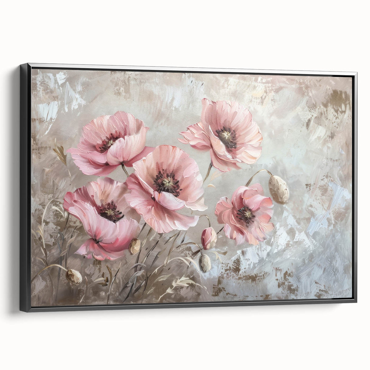 Framed canvas wall art featuring a vibrant botanical poppy design on black background, showcasing intricate flower details and elegant side view for home decor enhancement.