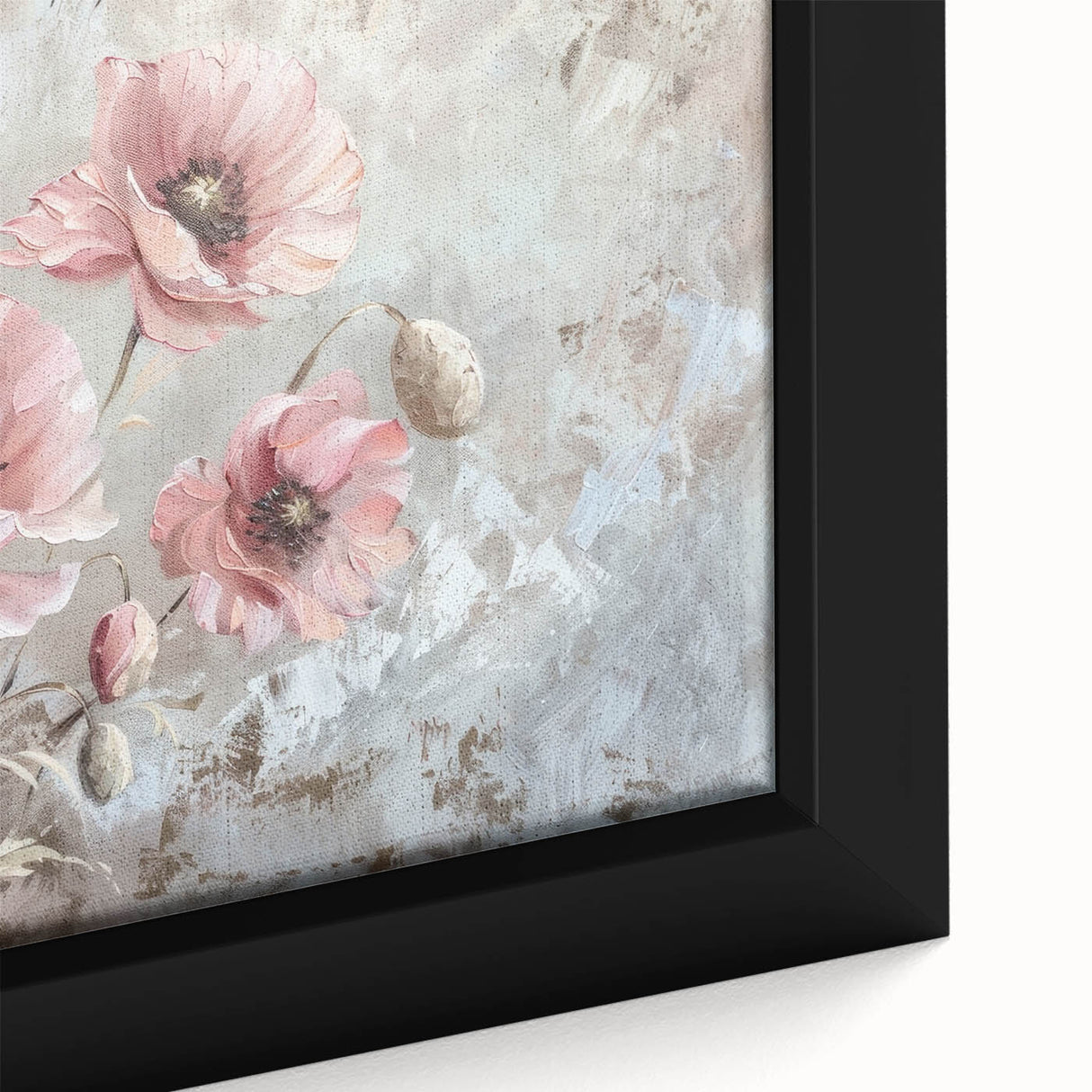 Close-up of a framed botanical wall art piece featuring vibrant red poppies on a textured canvas, ideal for enhancing home decor with floral elegance.