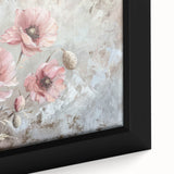 Close-up of a framed botanical wall art piece featuring vibrant red poppies on a textured canvas, ideal for enhancing home decor with floral elegance.