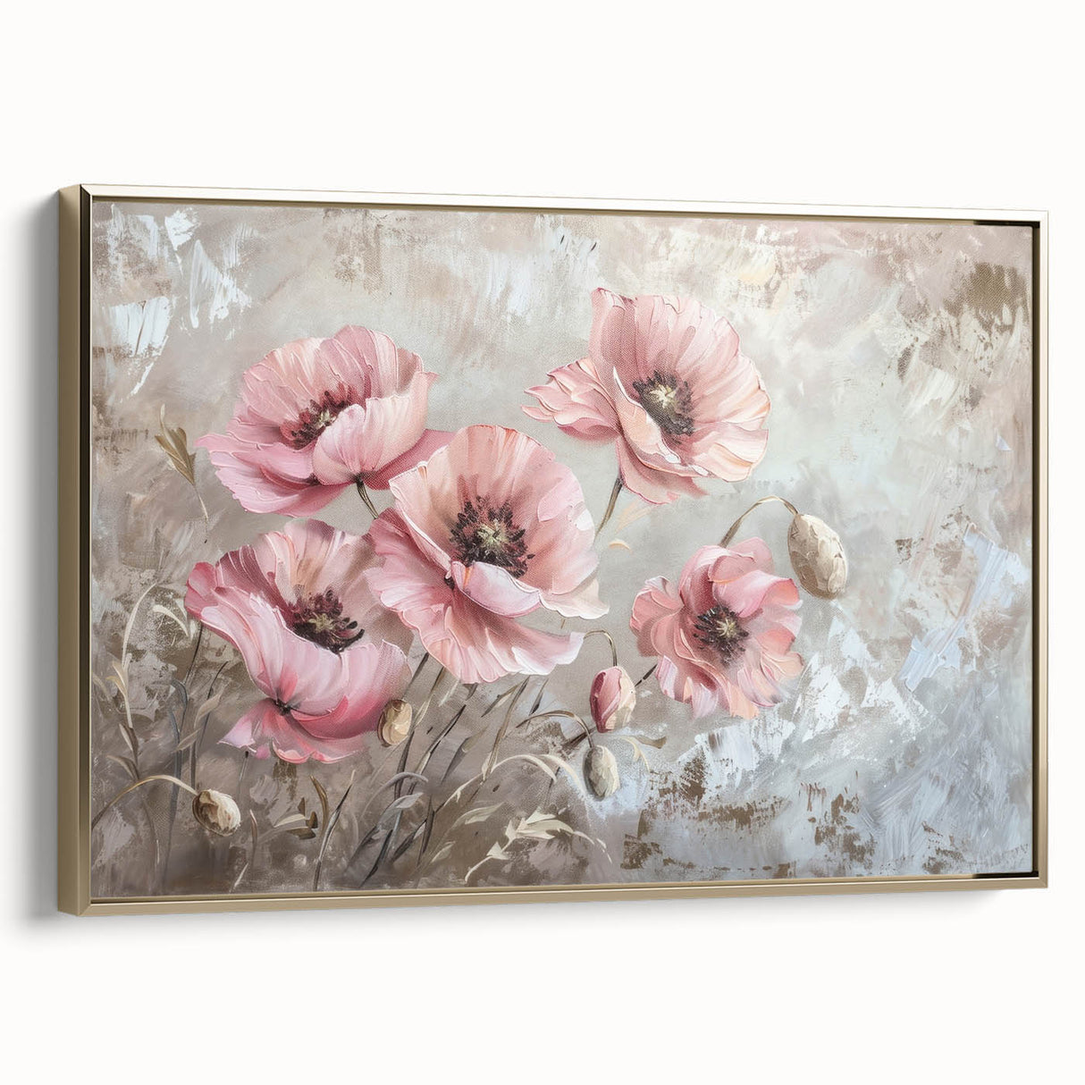 Framed botanical wall art showcasing a vibrant poppy design in gold tones, perfect for adding a touch of elegance to any decor. Side view highlights the frame's quality and craftsmanship.