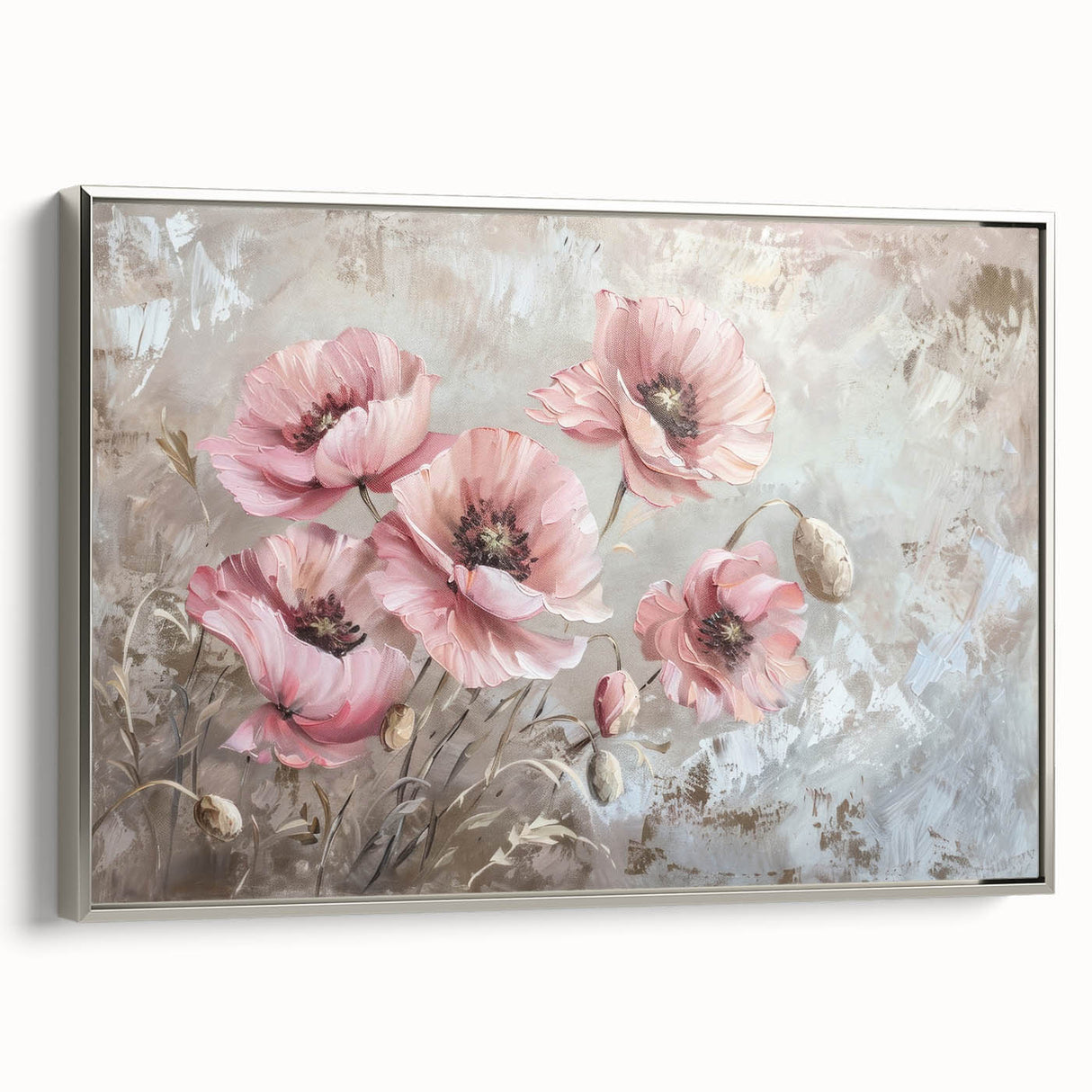Framed botanical wall art featuring a vibrant red poppy design against a textured background, set in an elegant silver frame, ideal for home decor.
