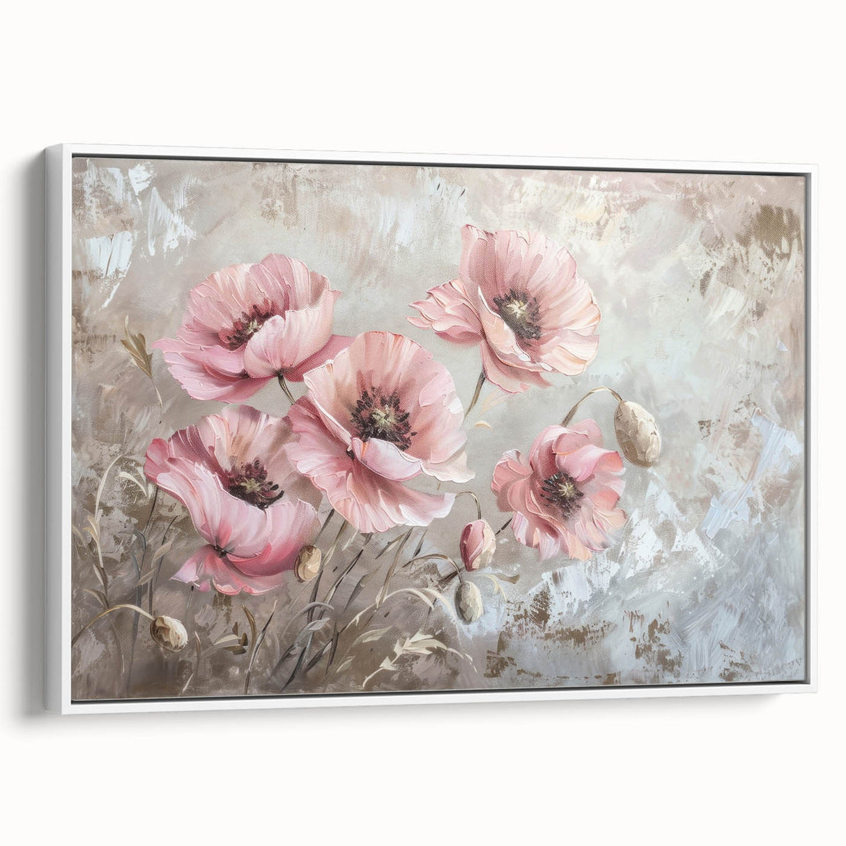 Framed canvas wall art showcasing a botanical poppy design with vibrant colors, set against a white background, ideal for home decor and floral enthusiasts.