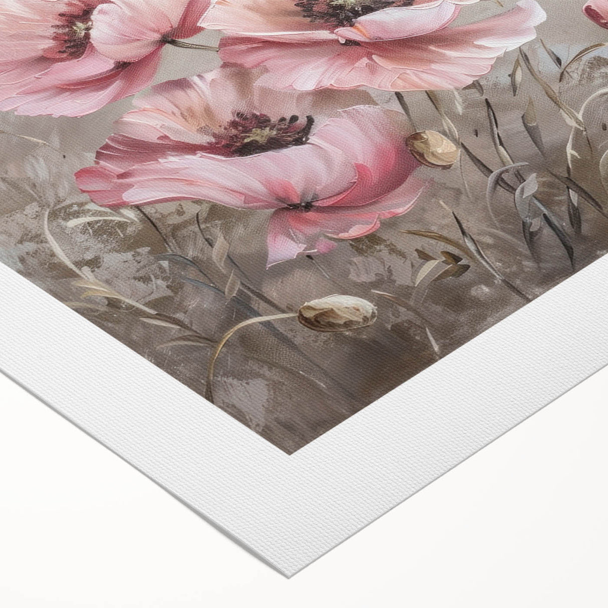Vibrant botanical poppy wall art design on rolled canvas, showcasing intricate floral details and rich colors, perfect for home decor enhancement.