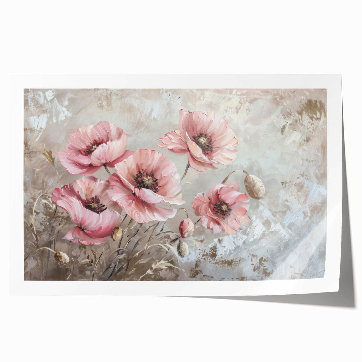 Vibrant botanical poppy wall art collection featuring colorful floral designs on a rolled print, ideal for home decor enthusiasts seeking natural elegance.