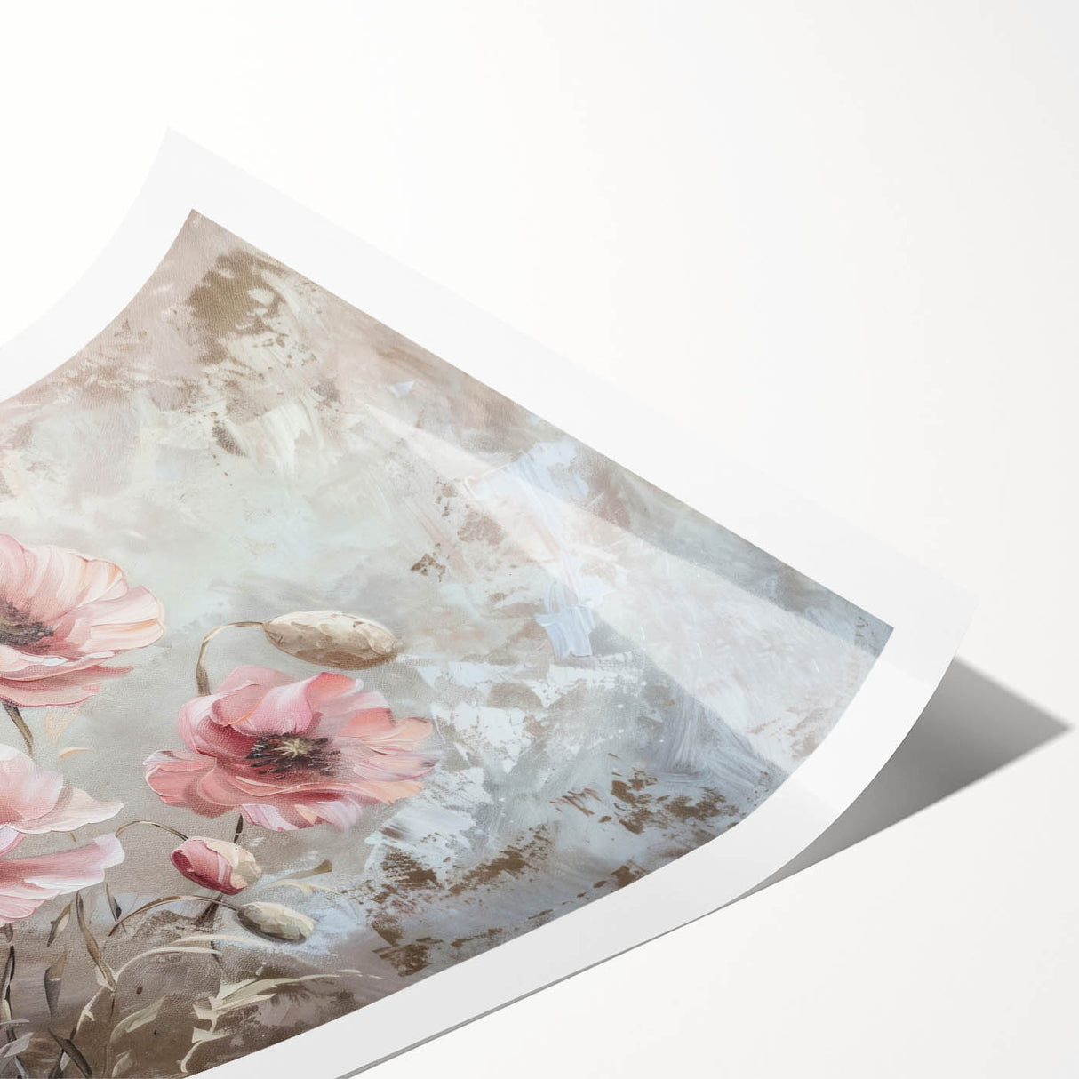 Botanical poppy wall art print showcasing vibrant red and orange flowers against a muted background, rolled and ready for framing, perfect for home decor.