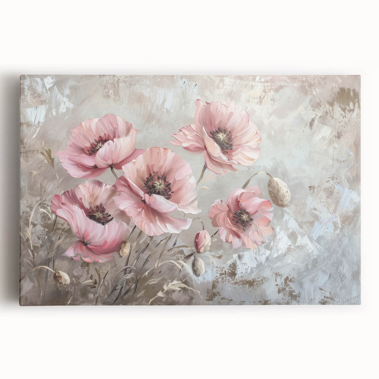 Vibrant stretched canvas wall art featuring a detailed botanical poppy design, showcasing bold colors and intricate floral patterns, perfect for home decor.