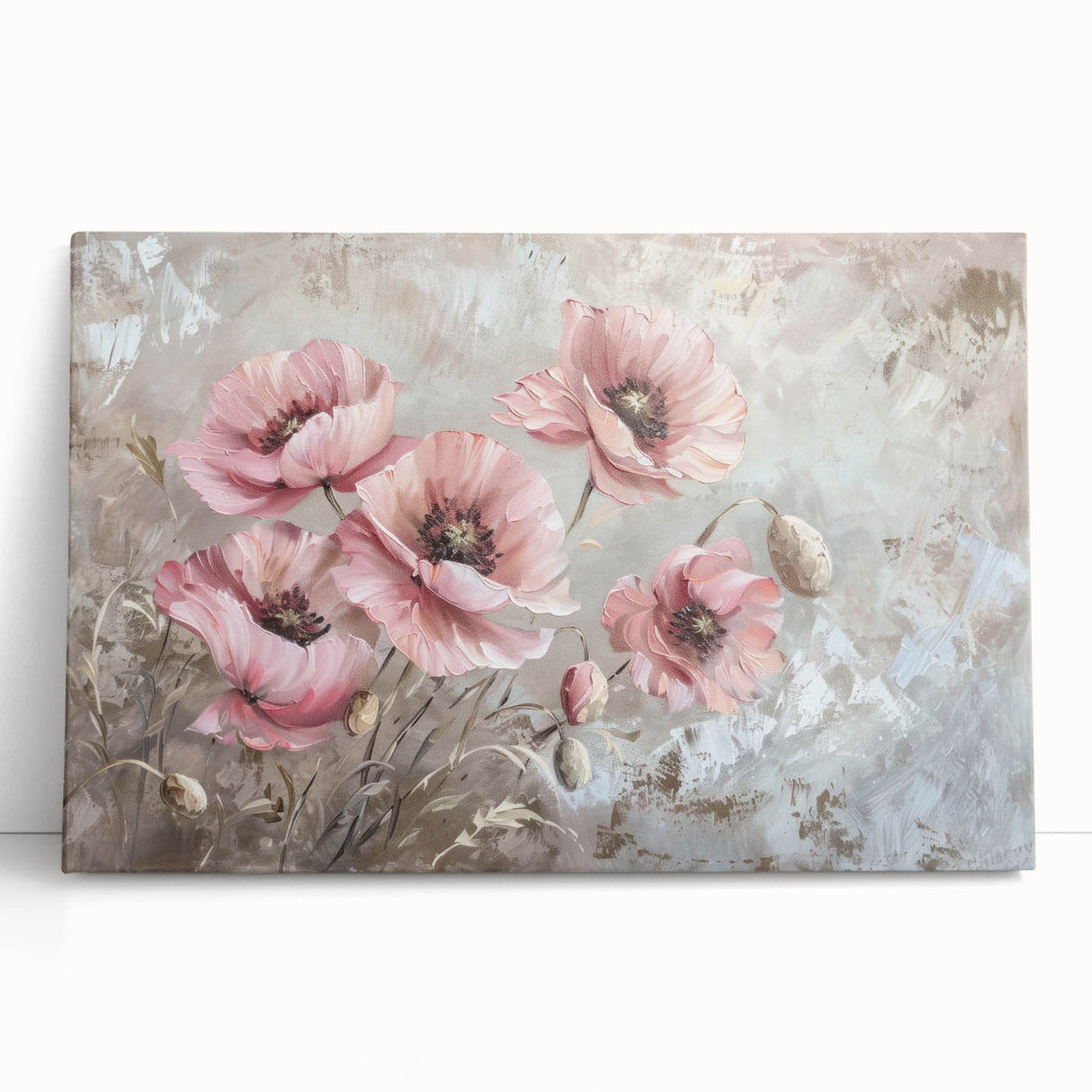 Vibrant poppy wall art design on stretched canvas, showcasing bright red flowers against a soft, neutral background, perfect for enhancing home decor.