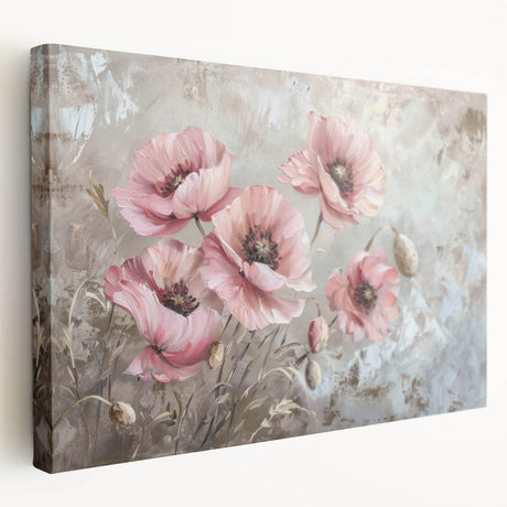 Stretched canvas wall art showcasing a vibrant botanical poppy design, featuring rich colors of red and green, ideal for home decor enhancement.