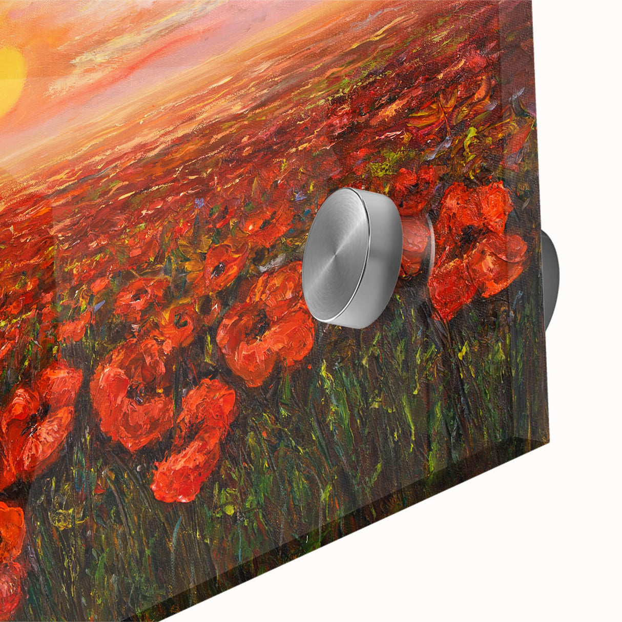 Close-up of a vibrant botanical poppy wall art design printed on acrylic glass, showcasing vivid colors and intricate details, perfect for home decor enhancement.