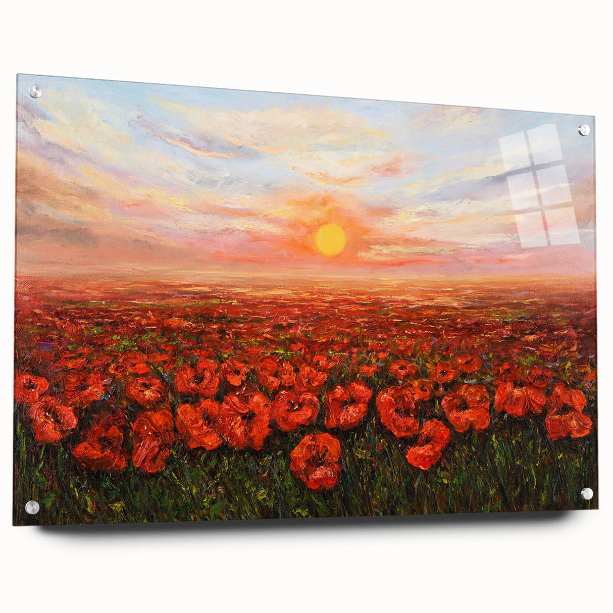 Side view of a botanical poppy wall art piece, featuring vibrant colors and intricate details, displayed with acrylic glass and secured with pins for a modern aesthetic.