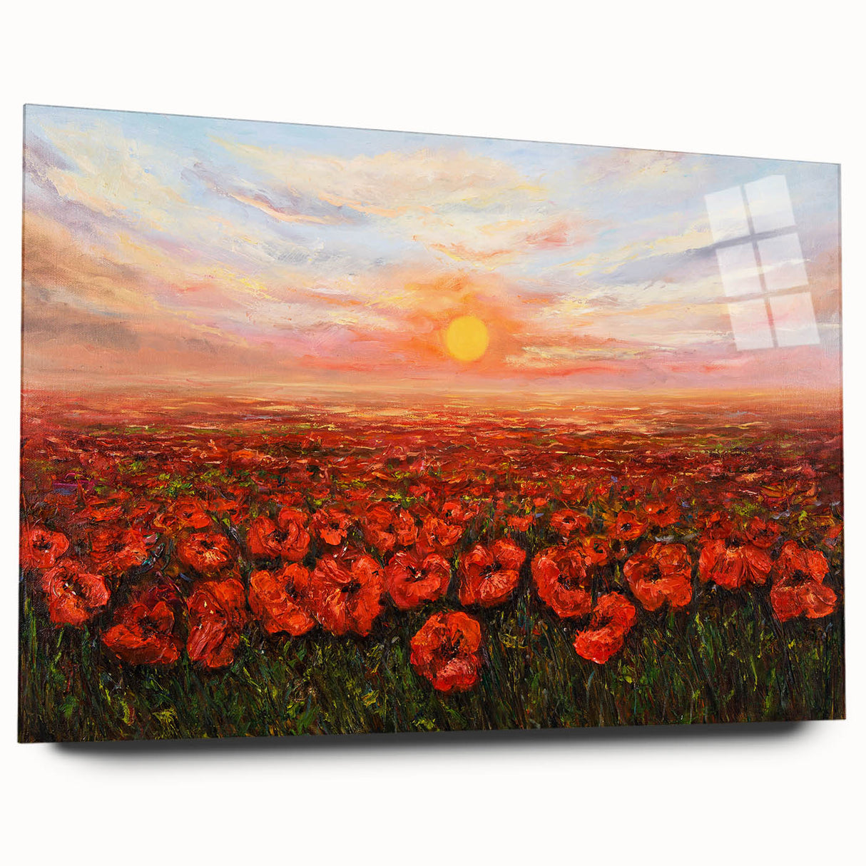 Botanical poppy wall art collection displayed in an acrylic frame, showcasing vibrant red and green colors, perfect for home decor enthusiasts and nature lovers.
