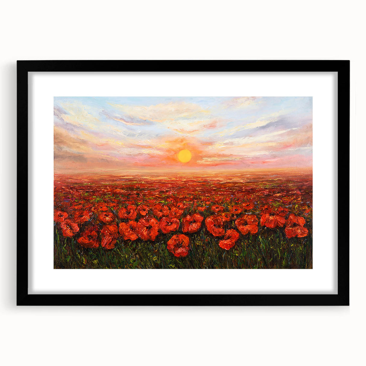 Botanical wall art featuring a vivid poppy design, framed in black with a mat, showcasing intricate floral details ideal for home decor. Perfect for nature lovers.