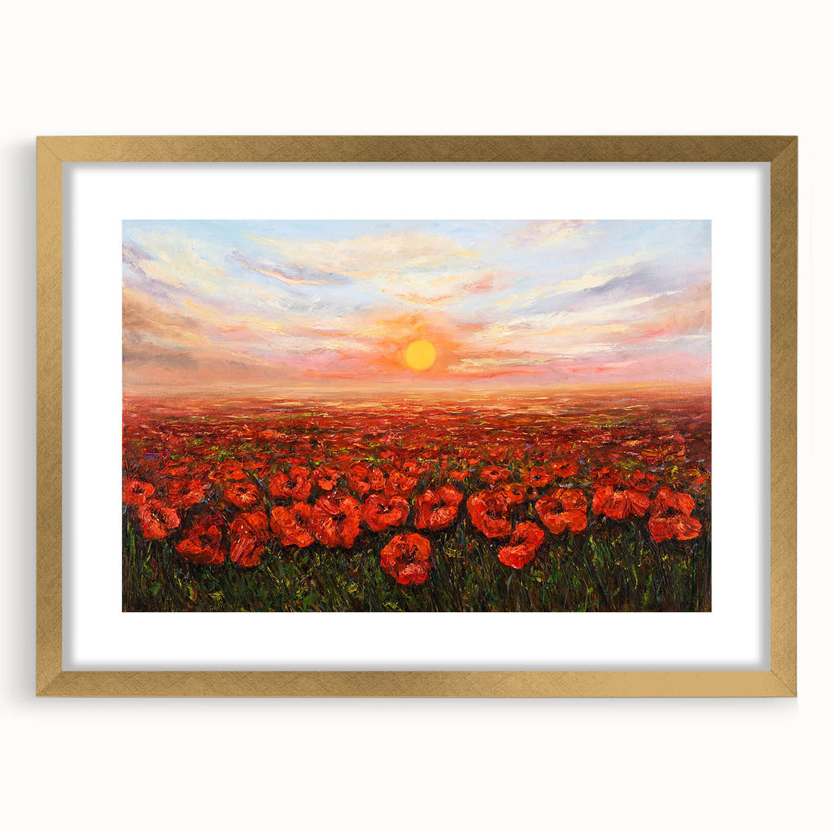 Elegant botanical wall art showcasing a vibrant poppy design, framed in gold with a mat, perfect for enhancing home decor and adding a touch of nature.