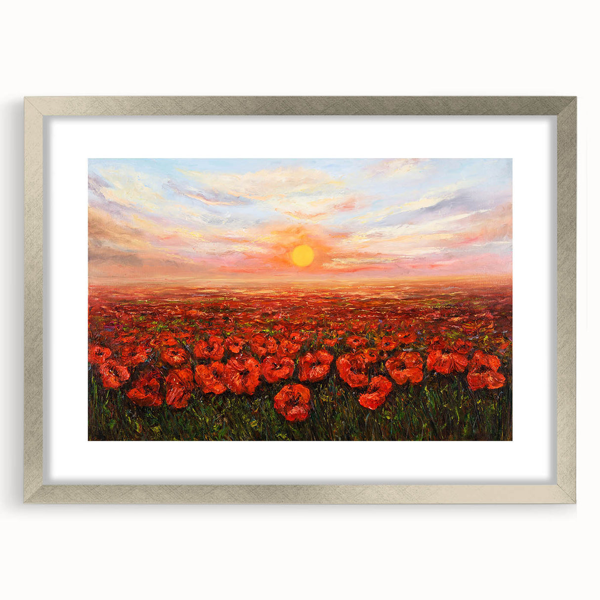 Framed botanical wall art featuring a vibrant poppy design, elegantly displayed in a silver frame with a mat, perfect for enhancing home decor with nature-inspired aesthetics.