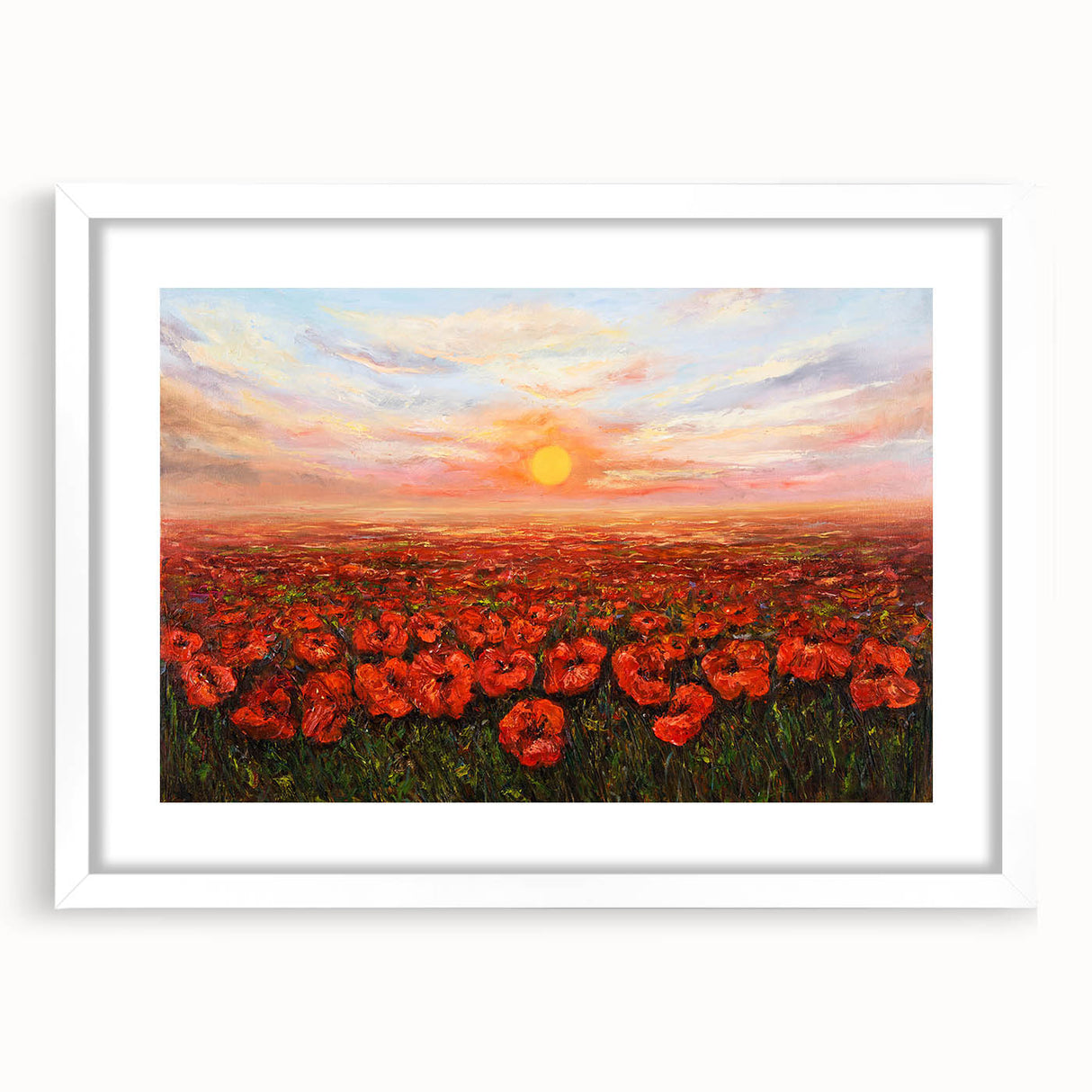 Framed white wall art featuring a botanical poppy design, showcasing vibrant red and green colors with a matte finish, perfect for home decor enhancement.