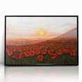 Framed wall art piece featuring a vibrant botanical poppy design in black acrylic frame, showcasing intricate floral details and bright colors, perfect for home decor.