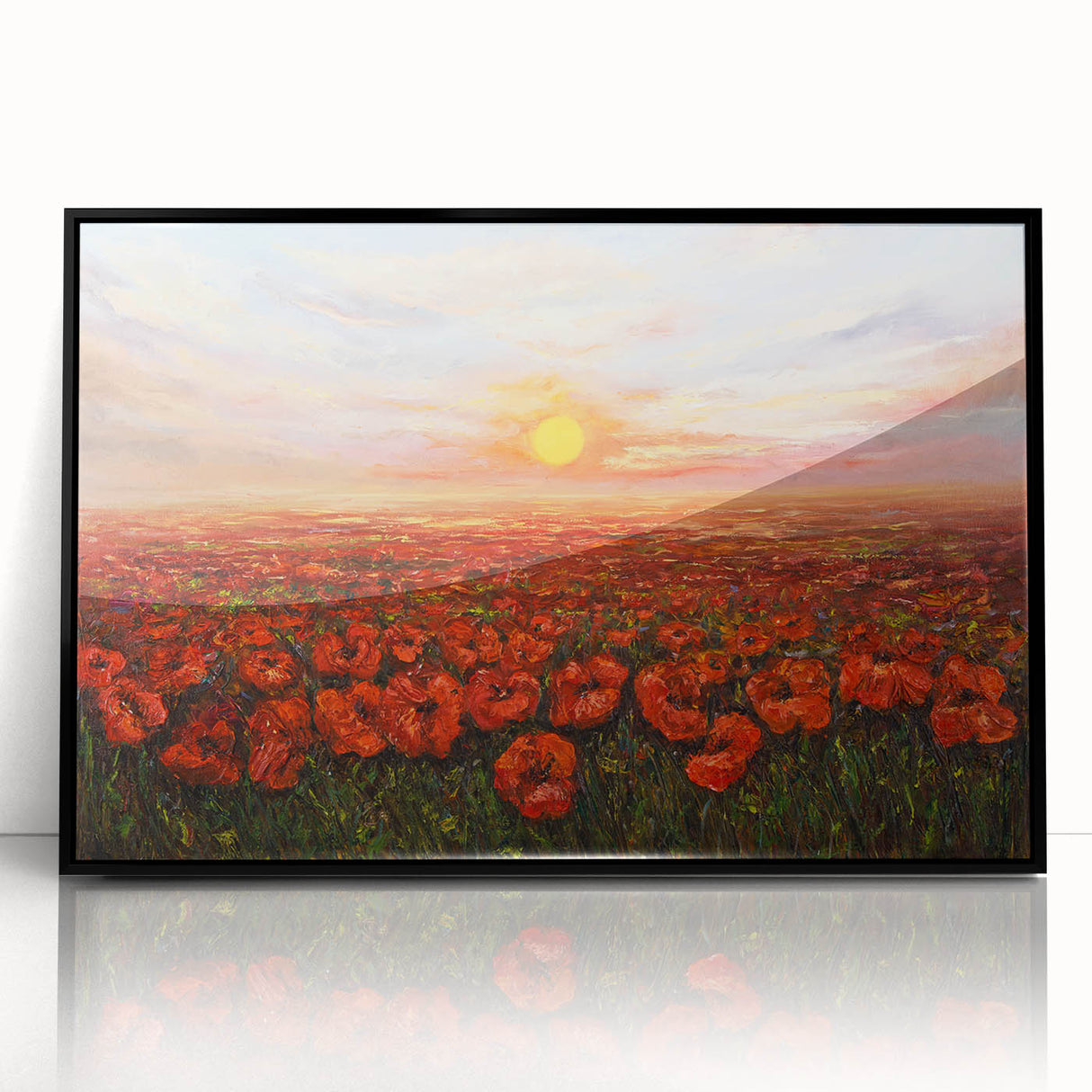 Framed wall art piece featuring a vibrant botanical poppy design in black acrylic frame, showcasing intricate floral details and bright colors, perfect for home decor.