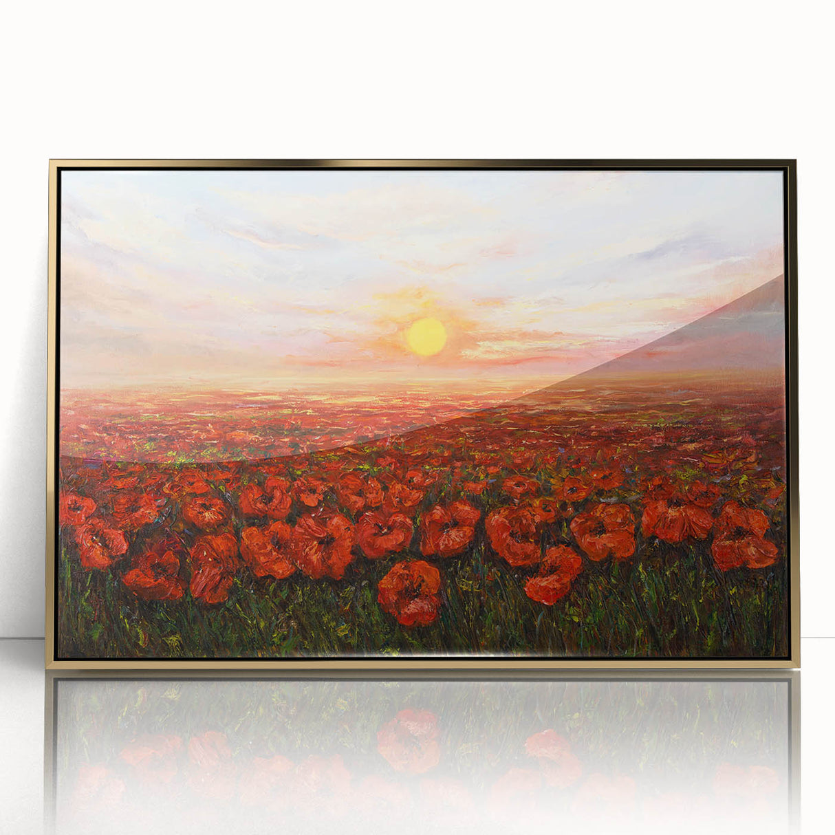 Framed botanical wall art featuring a vibrant poppy design with a gold-acrylic front, perfect for adding a splash of color and elegance to any home decor.