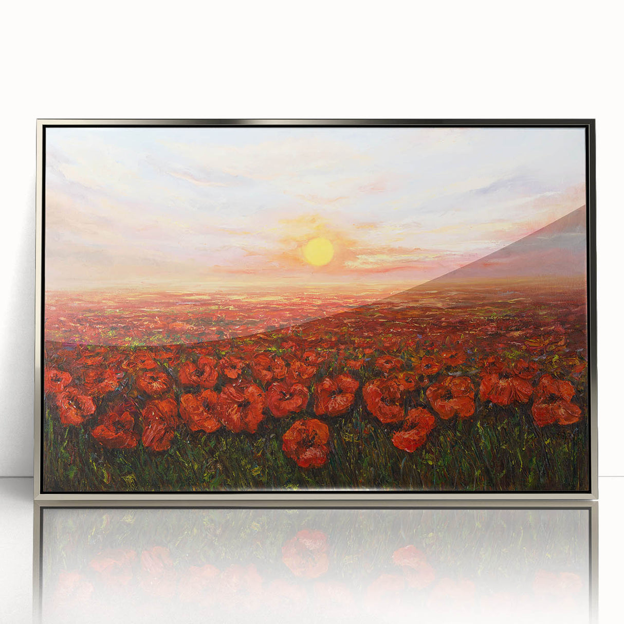 Framed botanical wall art showcasing vibrant poppy flowers in a silver acrylic frame, perfect for adding a touch of nature-inspired elegance to any room decor.