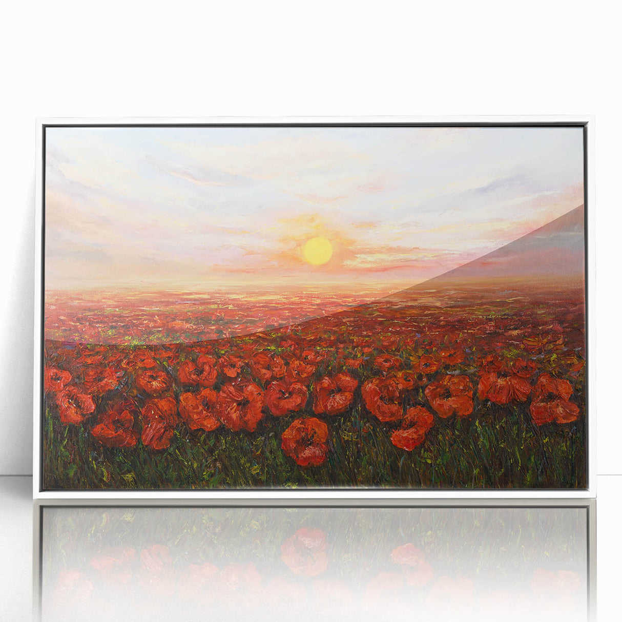 Framed wall art featuring a botanical poppy design in vibrant red and green colors, elegantly displayed in a white frame against a neutral background, perfect for home decor.
