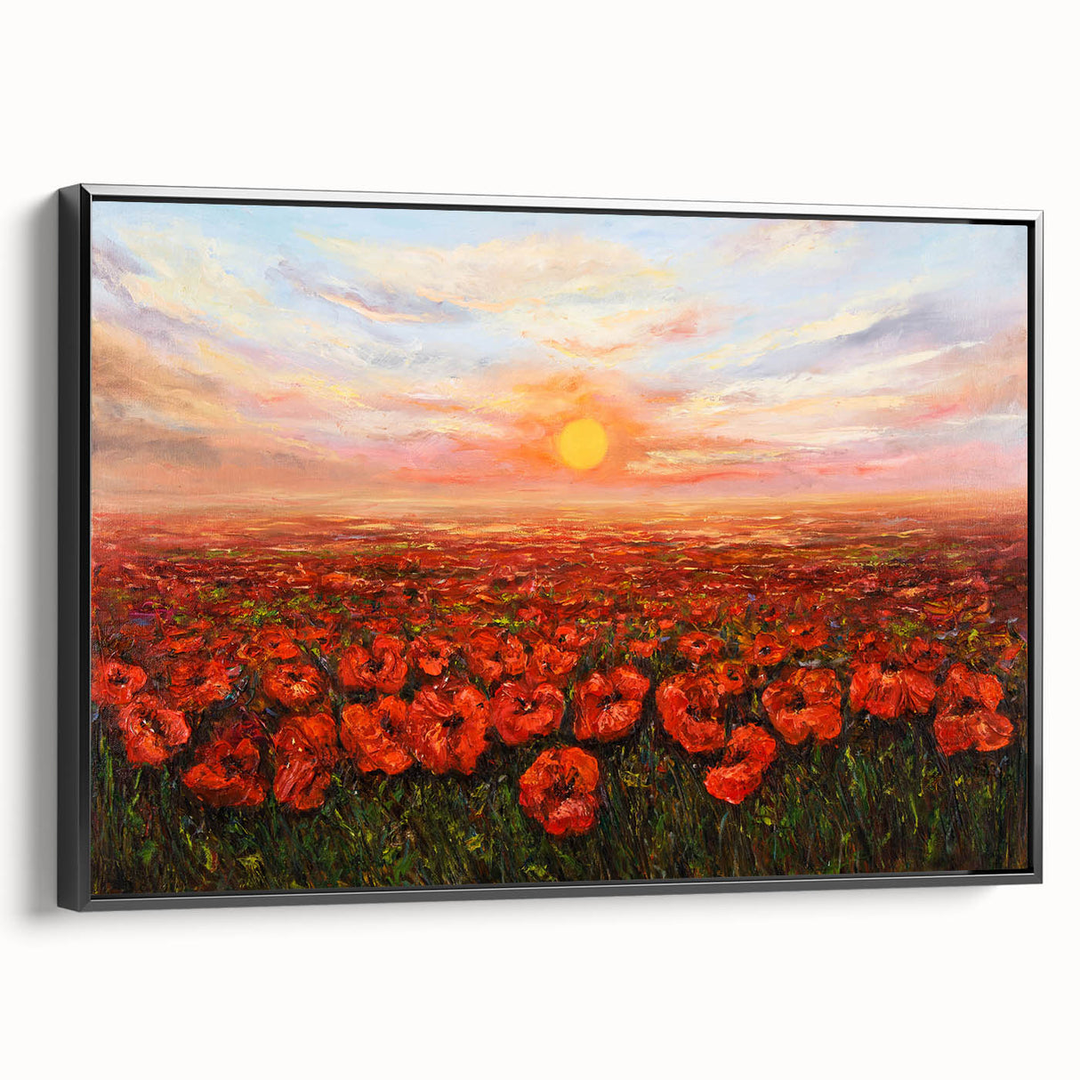 Framed canvas wall art showcasing a vibrant botanical poppy design, featuring a black side profile view, perfect for modern home decor and floral enthusiasts.