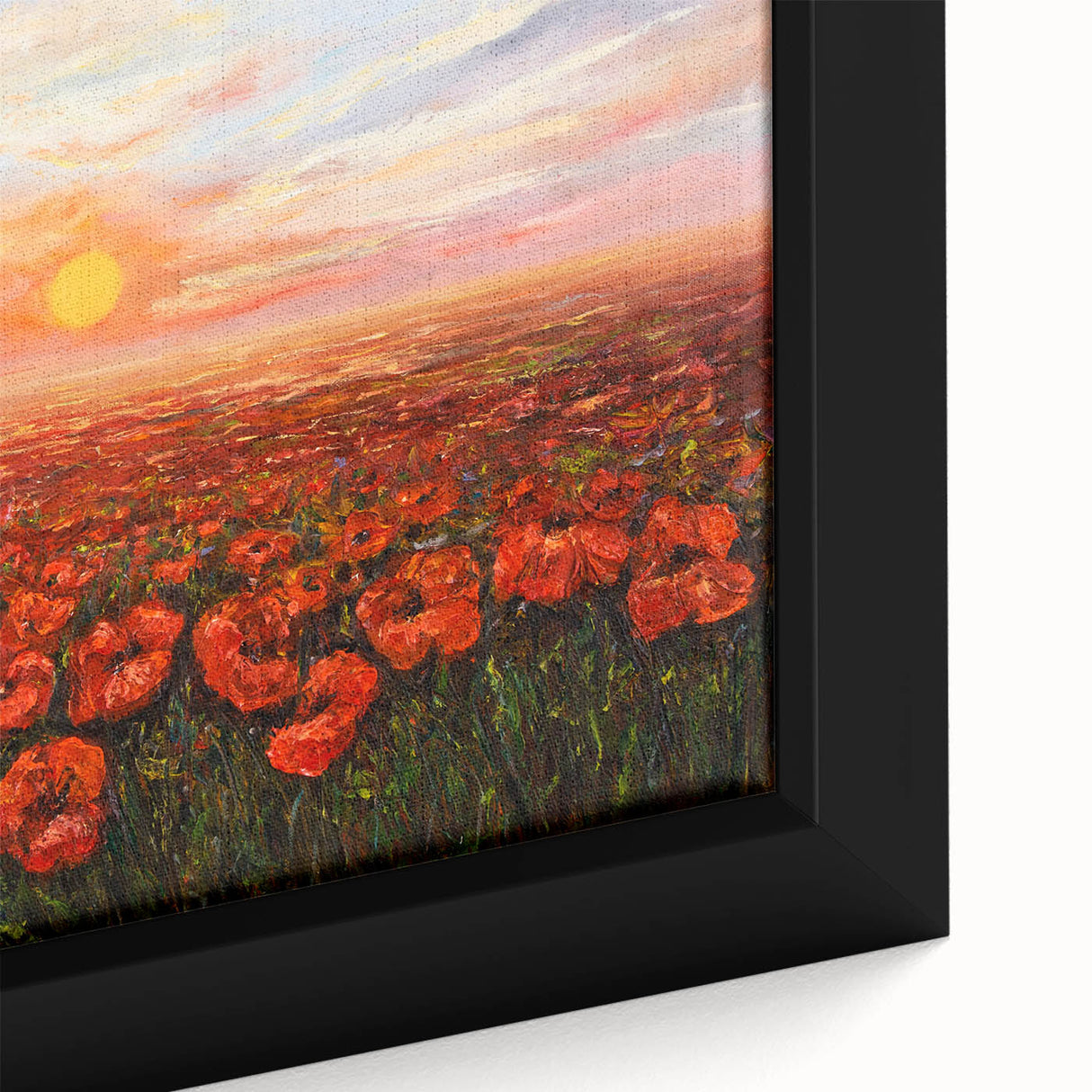 Close-up of a framed botanical wall art piece featuring vibrant red poppy flowers against a soft green background, ideal for home decor and nature enthusiasts.